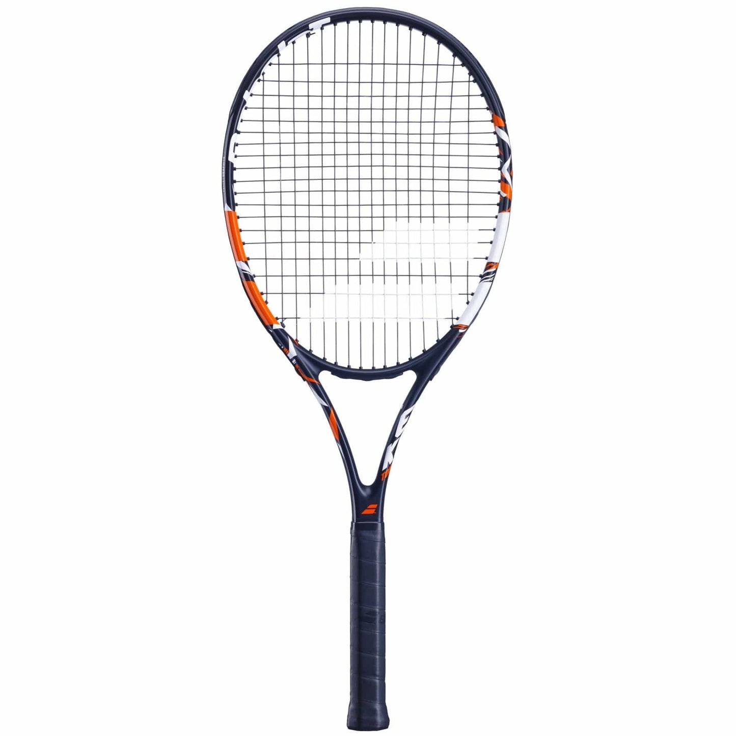 Perfect for beginners, the Babolat Evoke Tour Tennis Racket boasts a black handle and frame, accentuated with eye-catching red details. Its strings are arranged in a traditional grid pattern, ensuring both style and performance on the court.