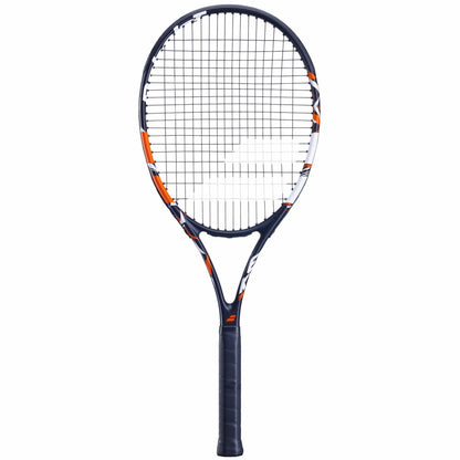 Perfect for beginners, the Babolat Evoke Tour Tennis Racket boasts a black handle and frame, accentuated with eye-catching red details. Its strings are arranged in a traditional grid pattern, ensuring both style and performance on the court.