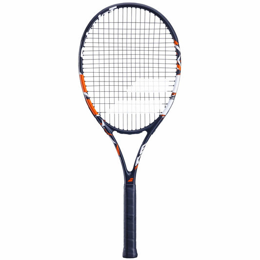 Perfect for beginners, the Babolat Evoke Tour Tennis Racket boasts a black handle and frame, accentuated with eye-catching red details. Its strings are arranged in a traditional grid pattern, ensuring both style and performance on the court.
