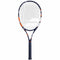 Perfect for beginners, the Babolat Evoke Tour Tennis Racket boasts a black handle and frame, accentuated with eye-catching red details. Its strings are arranged in a traditional grid pattern, ensuring both style and performance on the court.