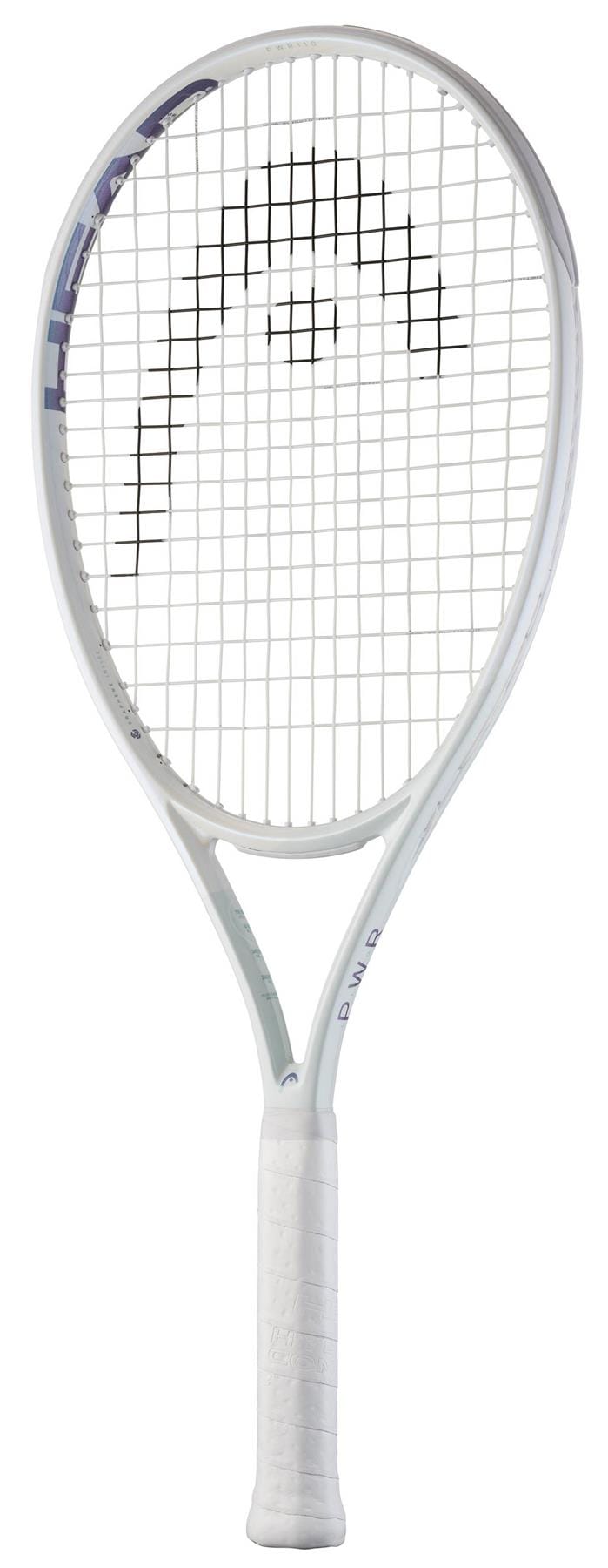 The HEAD PWR 110 Tennis Racket by HEAD features a white grip and black logo on the strings, shown on a white background—a great power racket choice for beginners.