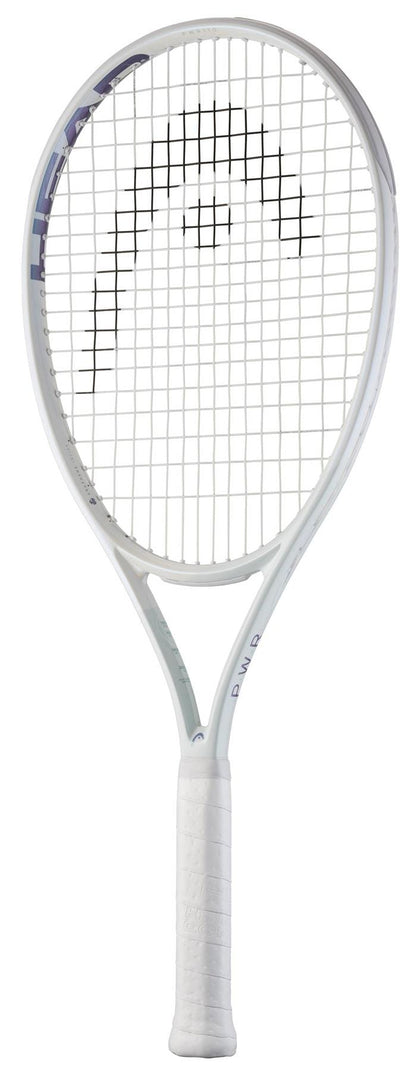 The HEAD PWR 110 Tennis Racket by HEAD features a white grip and black logo on the strings, shown on a white background—a great power racket choice for beginners.