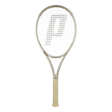 A Prince O3 Legacy 105 2025 Tennis Racket in beige, displaying a large "P" logo and a generous sweetspot, is shown against a plain white background.