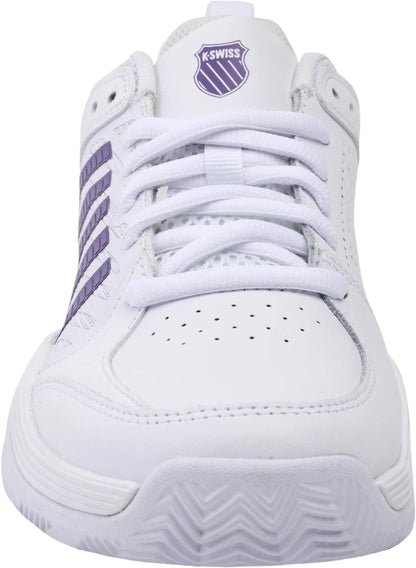 Front view of the K-Swiss Court Express 2 Clay Women’s Tennis Shoes in White/Purple Haze/Neo Lavender, featuring purple accents, brand logo on the tongue, and a ventilated toe box—ideal for stylish play on clay courts.