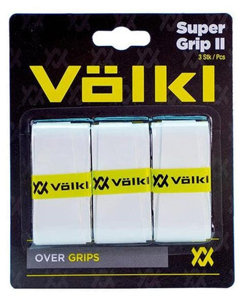 The packaging for the Volkl Super Grip II Tennis Overgrip - 3 Pack - White highlights three overgrips known for their highly tacky texture, ideal for tennis racket handles. The eye-catching black and yellow branding prominently displays the Volkl logo, with "Over Grips" elegantly featured at the bottom.