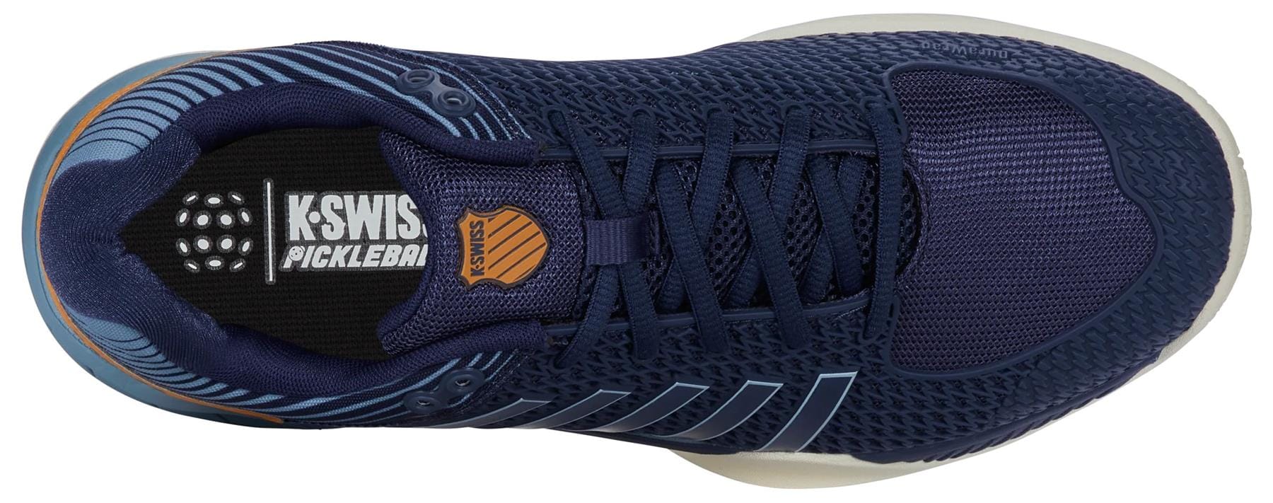 Top view of the K-Swiss Express Light Men's Pickleball Shoes in Oceana/Forget Me Not, featuring breathable navy mesh, a black tongue labeled "K-Swiss Pickleball," and orange-blue accents—ideal lightweight footwear for comfort and style.
