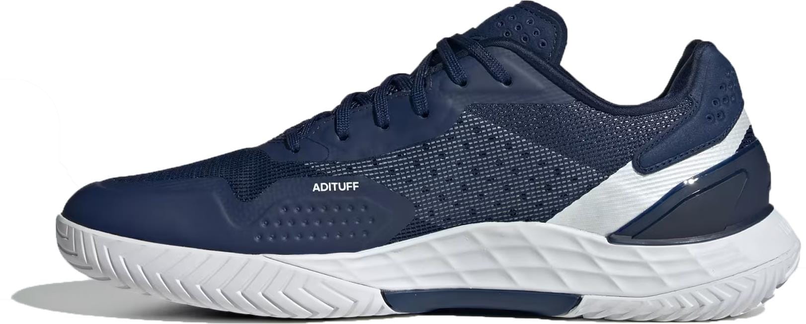The adidas ADIDAS Defiant Speed 2 Men’s Tennis Shoes feature a dark blue mesh and synthetic upper, laces, a textured white sole, “ADITUFF” on the side, and white plus zero metallic accents on the heel and midsole.