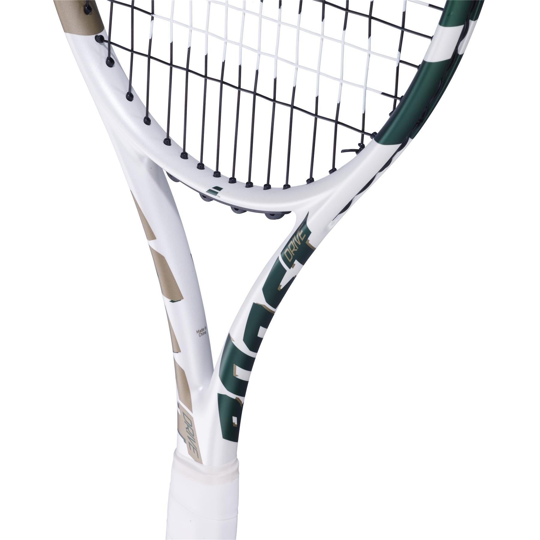 Close-up of the Babolat Boost Wimbledon 2025 Tennis Racket in white and champagne green, showing the throat, part of the strings, and grip. The Babolat brand name and logo appear partially on the frame.