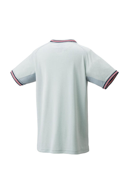 Back view of the Yonex 10578 Crew Neck Men's Tennis T-Shirt in Crystal Blue, highlighting a striped collar and sleeve cuffs in dark and light blue. The fabric, equipped with VeryCool technology for UV reduction, displays a subtle swirl pattern with contrasting darker blue shoulder panels.