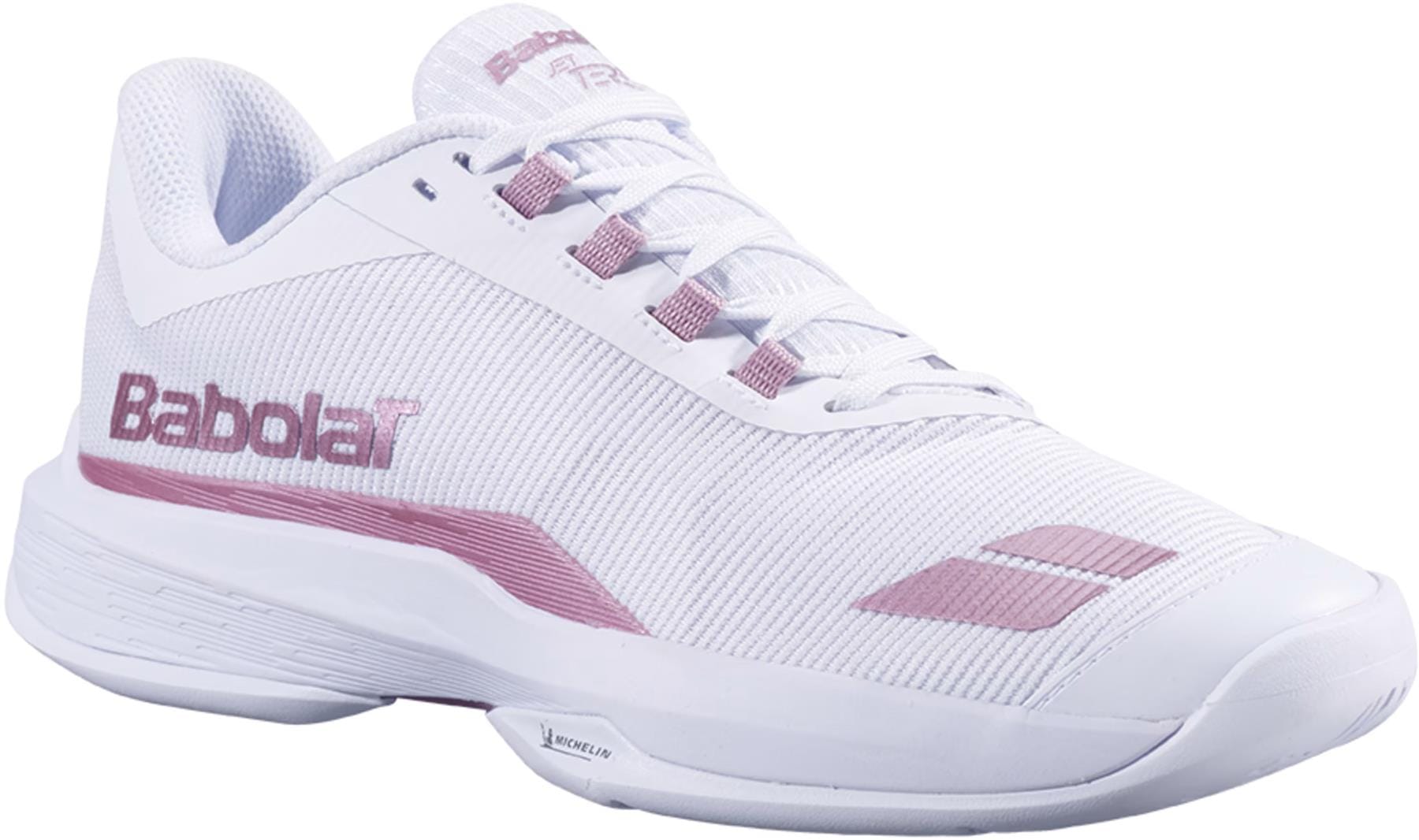 The Babolat Jet Tere 2 All Court Women’s Tennis Shoes in white and golden pink are ultra-lightweight sneakers, perfect for tennis or other sports, featuring golden pink accents and the signature Babolat logo.
