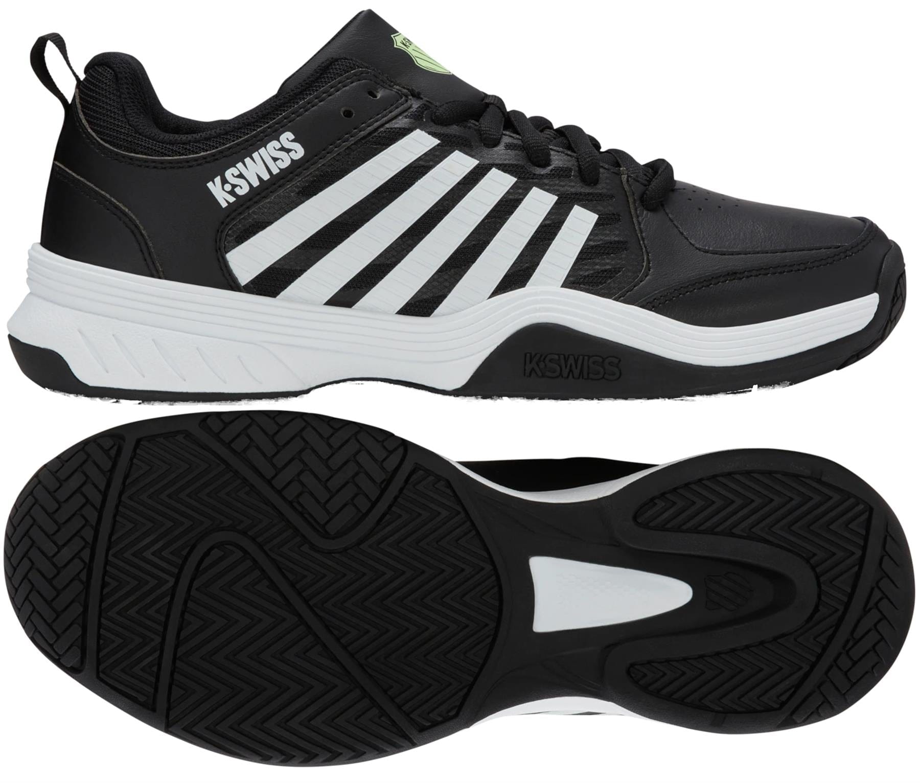 K-Swiss Express 2 Men's Tennis Shoes in Black/White/Soft Neon Green feature signature white stripes, a white sole, and black outsole. The image shows a side view of the performance shoe above and the sole's bottom view below.