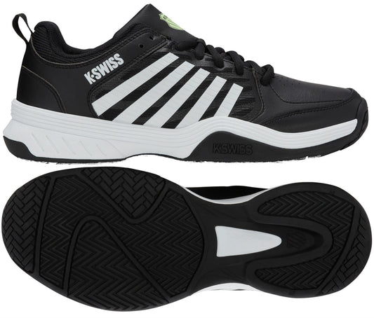 K-Swiss Express 2 Men's Tennis Shoes in Black/White/Soft Neon Green feature signature white stripes, a white sole, and black outsole. The image shows a side view of the performance shoe above and the sole's bottom view below.