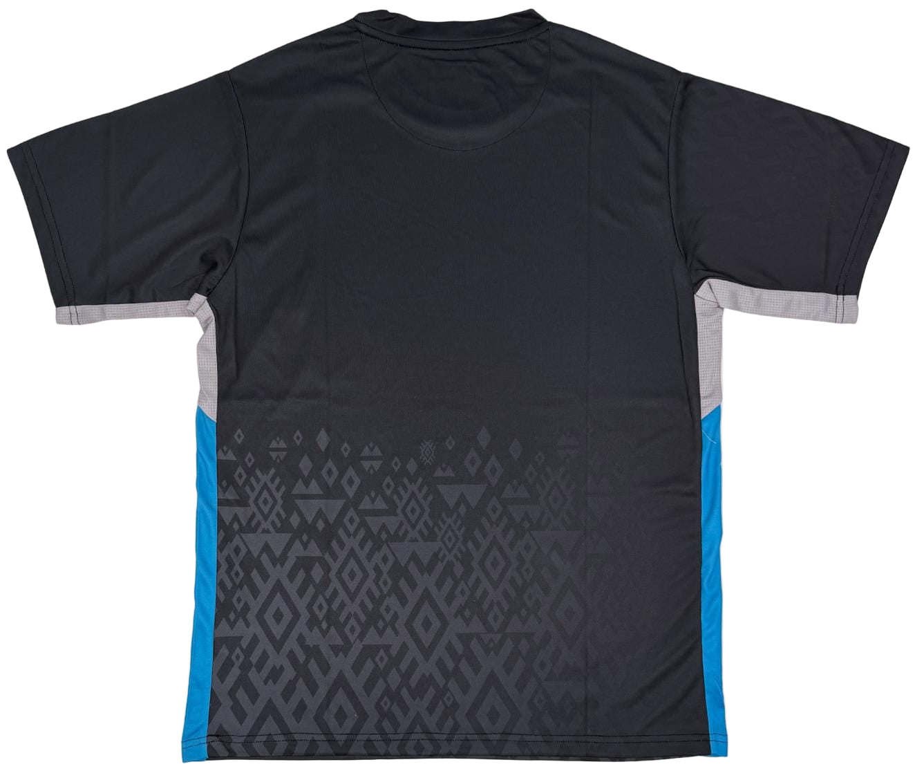 The Yonex YTM11 Men's Tennis T-Shirt in black features Air-Release fabric, quick-dry properties, gray side panels, dark geometric patterns, blue accents, and a black back. Shown laid flat on a white background.