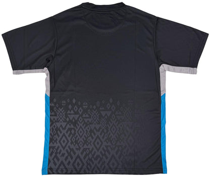 The Yonex YTM11 Men's Tennis T-Shirt in black features Air-Release fabric, quick-dry properties, gray side panels, dark geometric patterns, blue accents, and a black back. Shown laid flat on a white background.