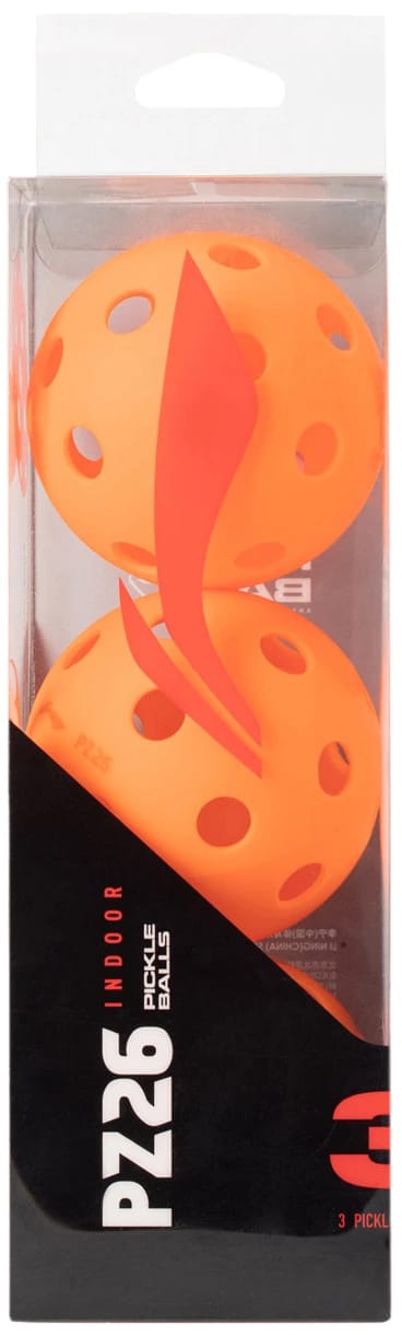 A transparent box contains three Li-Ning PZ26 Indoor Training Pickleball Balls in high-visibility orange, each featuring the classic 26-hole design for optimal indoor play. Perfect for training sessions, these balls are produced by Li-Ning and come conveniently packaged as a set of three.