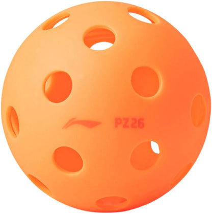 A Li-Ning PZ26 Indoor Training Pickleball Ball (3 Ball) in high-visibility orange, featuring several large holes and the “PZ26” marking on the side, is shown on a white background.
