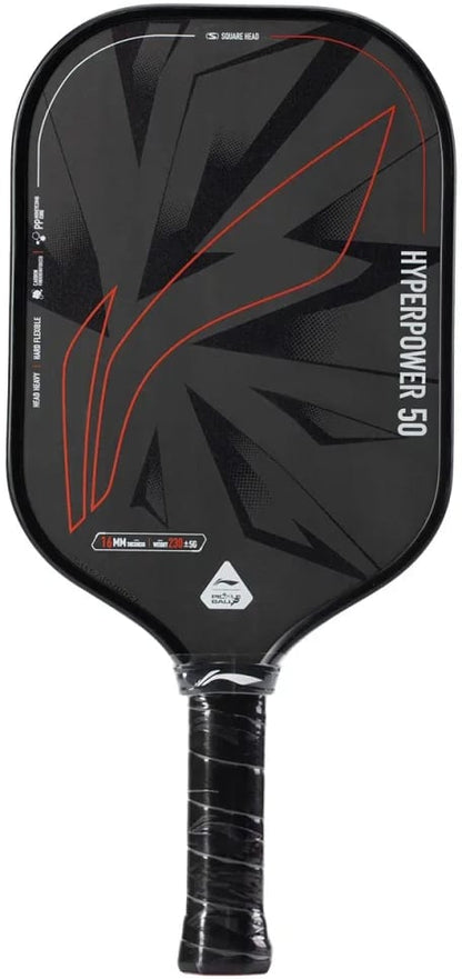 The Li-Ning HyperPower 50 Pickleball Paddle features a striking black design with red and gray geometric lines and is labeled “HYPERPOWER 5.0” on the right side. It boasts a durable carbon fibre face and a comfortable black grip handle wrapped with tape, while its 16mm polypropylene honeycomb core is engineered for enhanced performance and control.
