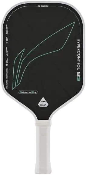 A black Li-Ning HyperControl 8S Pickleball Paddle with a white handle, green accents, and “HyperControl 8S” printed on the right side. This paddle features a geometric line design on the face and is constructed with a durable carbon fibre face and an air honeycomb core for enhanced performance.