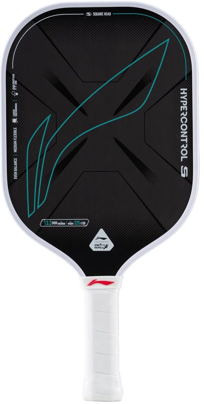 The Li-Ning HyperControl 5 Pickleball Paddle is a black paddle with a white handle, teal and white accents, and the words “HYPE CONTROL S” printed on the side. It showcases geometric graphics and branding details on the face, featuring a durable carbon fibre face and a responsive polypropylene honeycomb core for enhanced performance.