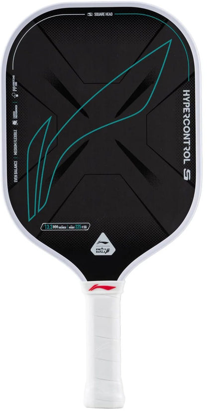 The Li-Ning HyperControl 5 Pickleball Paddle is a black paddle with a white handle, teal and white accents, and the words “HYPE CONTROL S” printed on the side. It showcases geometric graphics and branding details on the face, featuring a durable carbon fibre face and a responsive polypropylene honeycomb core for enhanced performance.