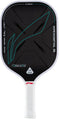 The Li-Ning HyperControl 5 Pickleball Paddle is a black paddle with a white handle, teal and white accents, and the words “HYPE CONTROL S” printed on the side. It showcases geometric graphics and branding details on the face, featuring a durable carbon fibre face and a responsive polypropylene honeycomb core for enhanced performance.