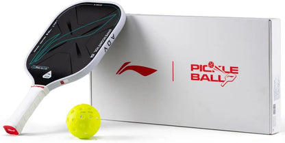 The Li-Ning HyperControl 5 Pickleball Paddle, featuring a durable carbon fibre face and a polypropylene honeycomb core, is displayed next to a yellow pickleball and a white box with red “Pickleball” text and the Li-Ning logo, all set against a clean white background.
