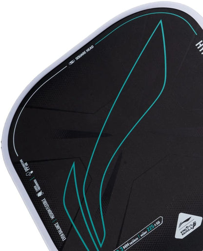 Close-up of the Li-Ning HyperControl 5 Pickleball Paddle by Li-Ning, featuring a black carbon fibre face with blue-green accents, white edging, and technical details—including “SQUARE HEAD” and a geometric motif—printed on the surface. The paddle incorporates a polypropylene honeycomb core for enhanced performance.