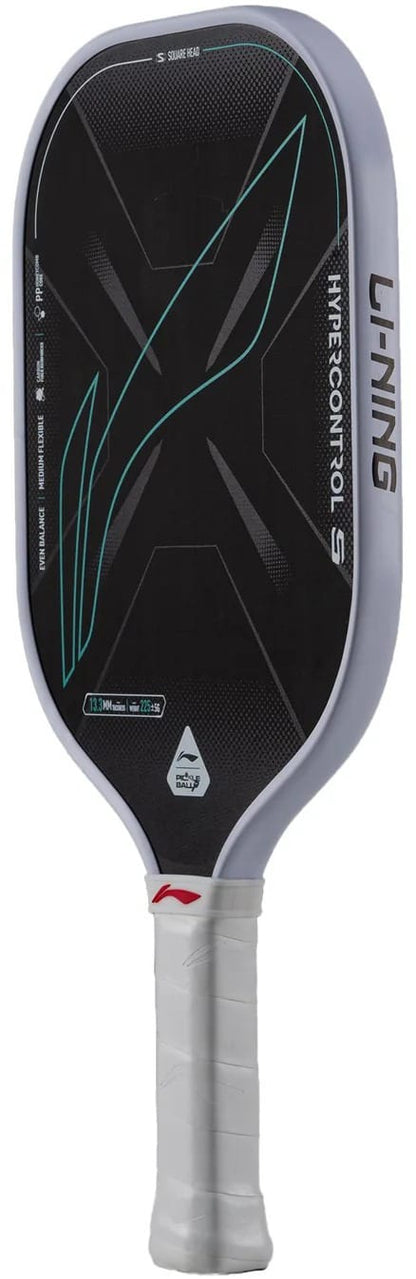 A black and gray Li-Ning HyperControl 5 Pickleball Paddle featuring a geometric design on the face, a durable carbon fibre face, a white wrapped handle, and a lightweight polypropylene honeycomb core for enhanced performance.