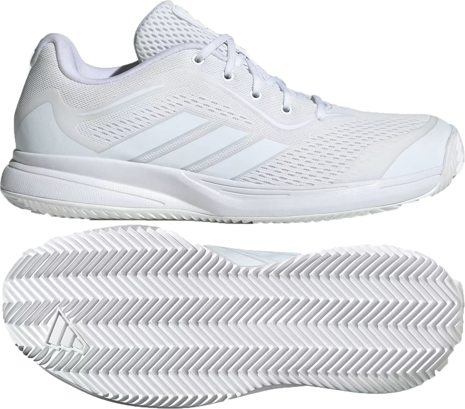 The adidas AvaFlash 2 Women’s Tennis Shoes in Cloud White/Silver Metallic feature a mesh upper, lace-up closure, and a textured herringbone tread sole, shown from side and bottom views.