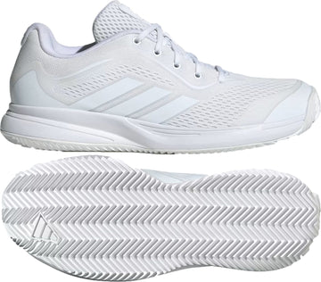 The adidas AvaFlash 2 Women’s Tennis Shoes in Cloud White/Silver Metallic feature a mesh upper, lace-up closure, and a textured herringbone tread sole, shown from side and bottom views.