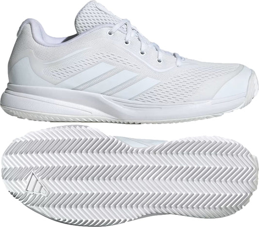 The adidas AvaFlash 2 Women’s Tennis Shoes in Cloud White/Silver Metallic feature a mesh upper, lace-up closure, and a textured herringbone tread sole, shown from side and bottom views.