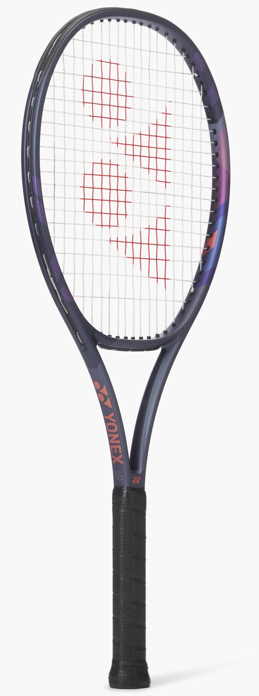 A Yonex Percept 100D Tennis Racket (Frame Only) in olive green stands upright against a white background, showcasing the brand's signature balance of power and control.