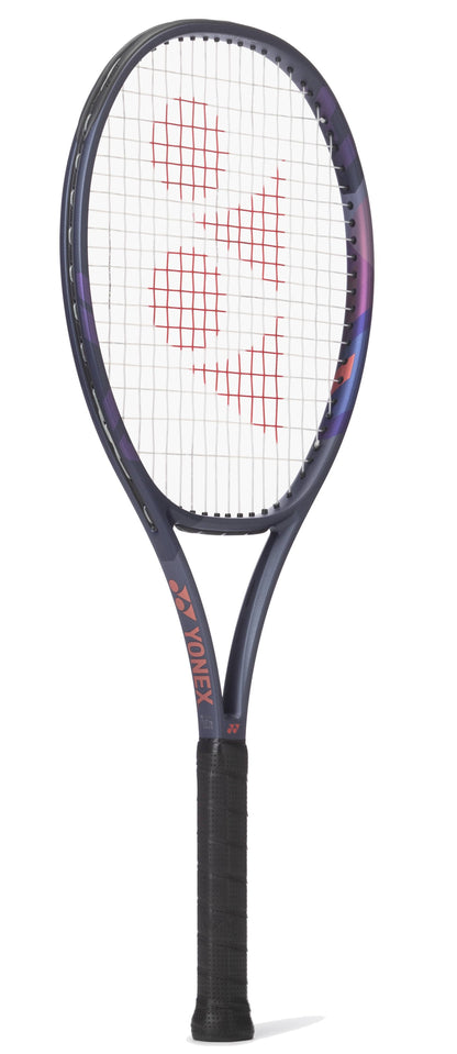 The Yonex Percept 100D Tennis Racket - Midnight Navy features a black grip, midnight navy and purple frame, and a red Yonex logo on the strings—ideal for players seeking both power and control.