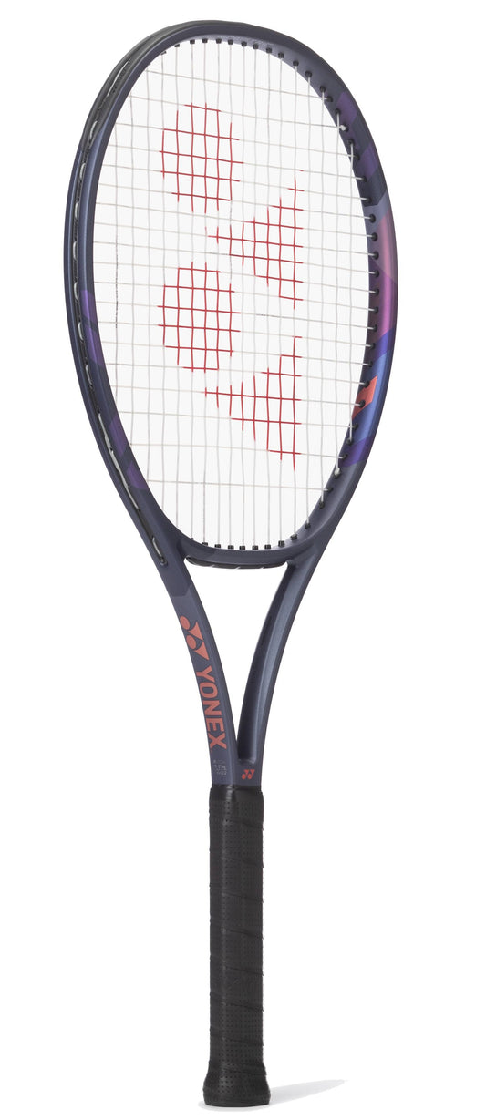 The Yonex Percept 100D Tennis Racket - Midnight Navy features a black grip, midnight navy and purple frame, and a red Yonex logo on the strings—ideal for players seeking both power and control.