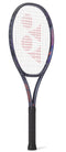 The Yonex Percept 100D Tennis Racket - Midnight Navy features a black grip, midnight navy and purple frame, and a red Yonex logo on the strings—ideal for players seeking both power and control.
