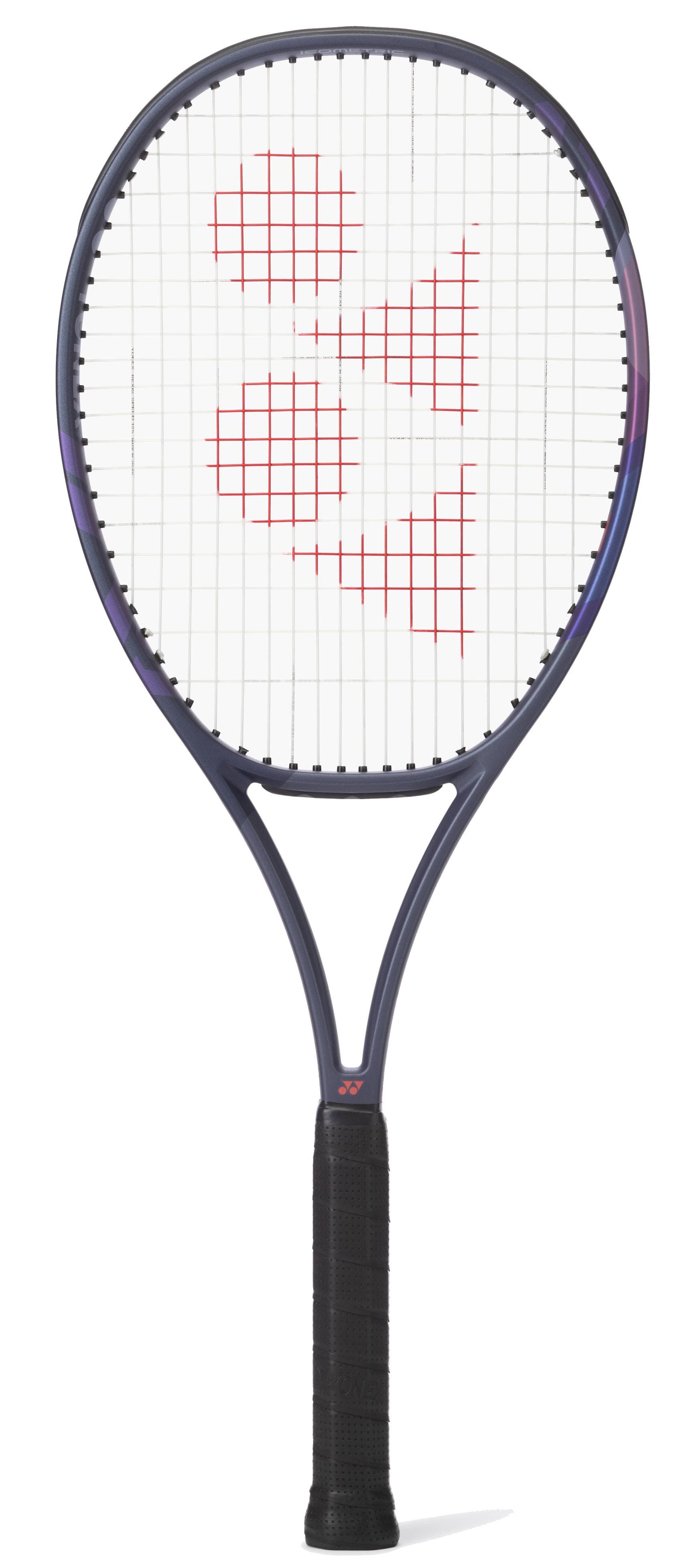 A Yonex Percept 100D Tennis Racket - Midnight Navy stands upright against a white background, featuring a black grip, dark frame, and a red logo pattern on the white string bed for exceptional power and control.