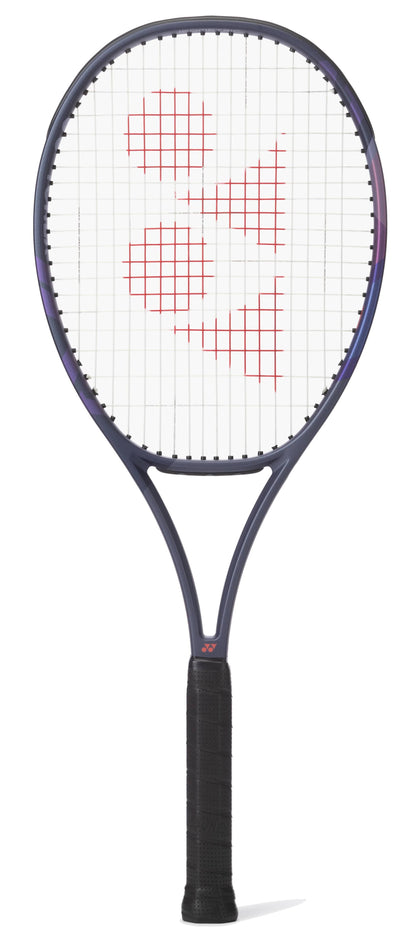 A Yonex Percept 100D Tennis Racket - Midnight Navy stands upright against a white background, featuring a black grip, dark frame, and a red logo pattern on the white string bed for exceptional power and control.