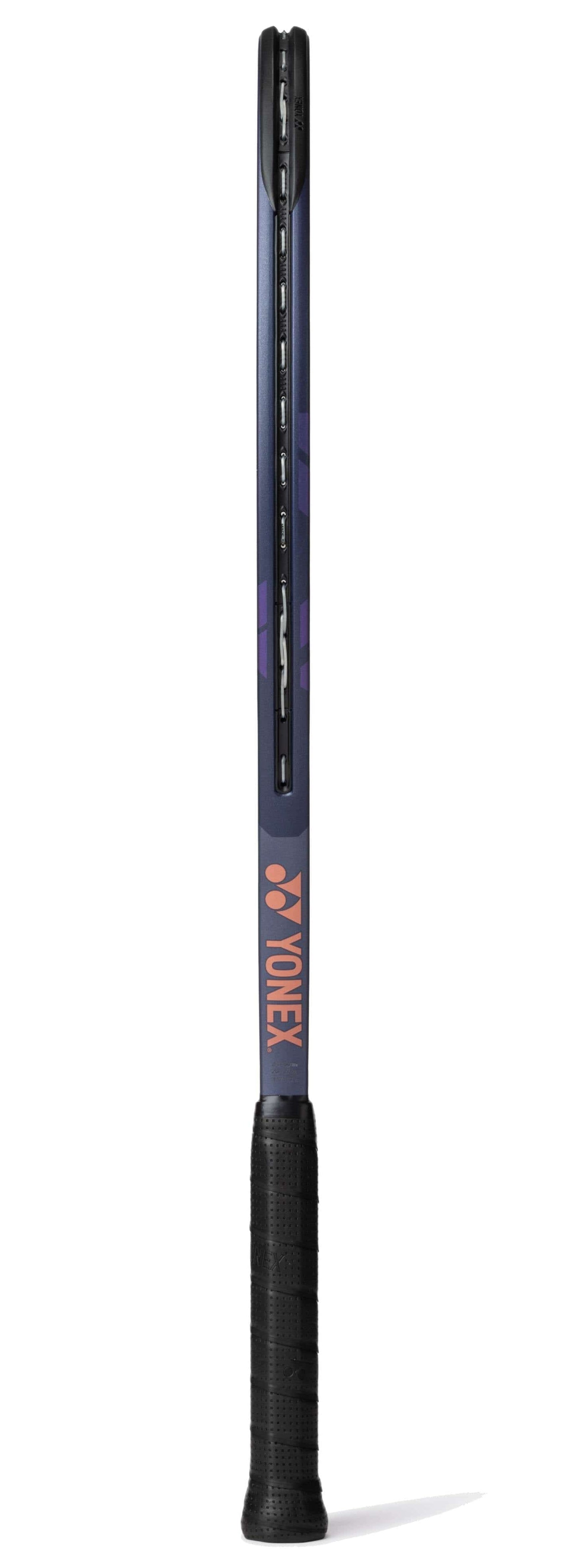 A Yonex Percept 100D Tennis Racket - Midnight Navy stands upright against a white background, showcasing its slim frame, black grip, and Yonex logo in orange on the handle for a balanced blend of power and control.