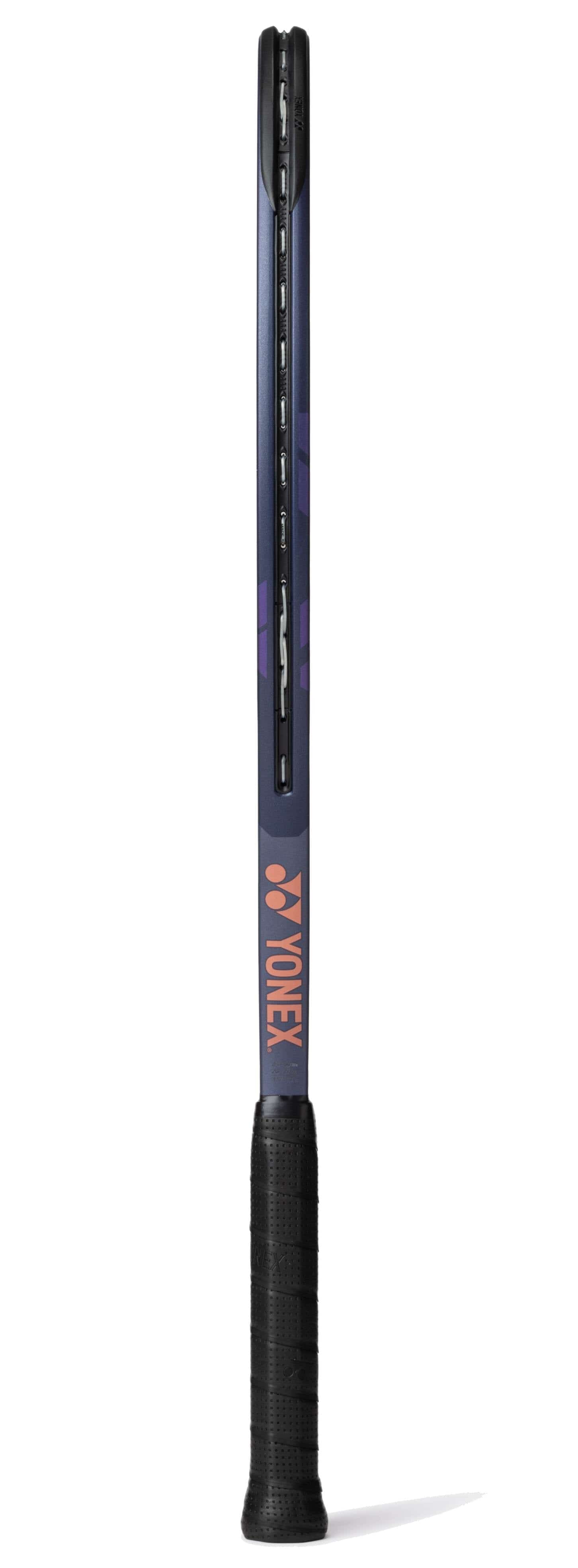 A Yonex Percept 100D Tennis Racket - Midnight Navy stands upright against a white background, showcasing its slim frame, black grip, and Yonex logo in orange on the handle for a balanced blend of power and control.