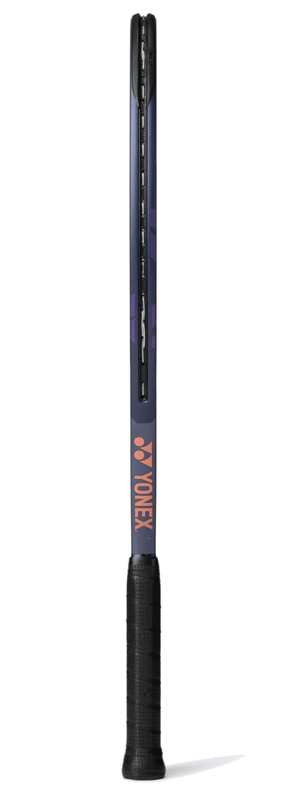A Yonex Percept 100D Tennis Racket - Midnight Navy stands upright against a white background, showcasing its slim frame, black grip, and Yonex logo in orange on the handle for a balanced blend of power and control.