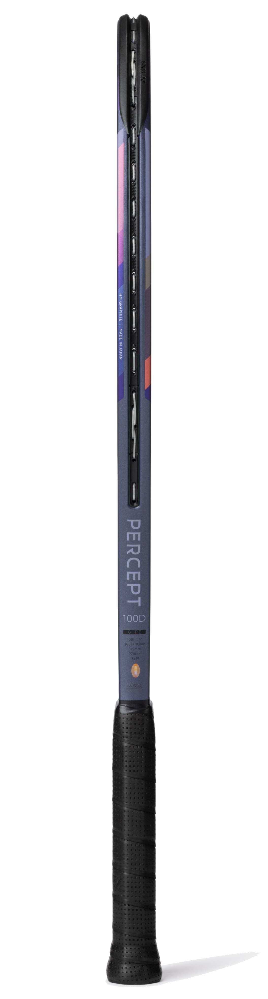 The Yonex Percept 100D Tennis Racket - Midnight Navy stands upright, showcasing its textured black grip and a dark frame with subtle purple, blue, and red accents for balanced power and control.