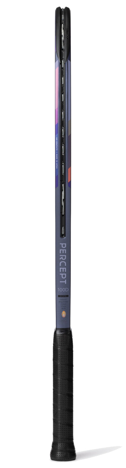 The Yonex Percept 100D Tennis Racket - Midnight Navy stands upright, showcasing its textured black grip and a dark frame with subtle purple, blue, and red accents for balanced power and control.