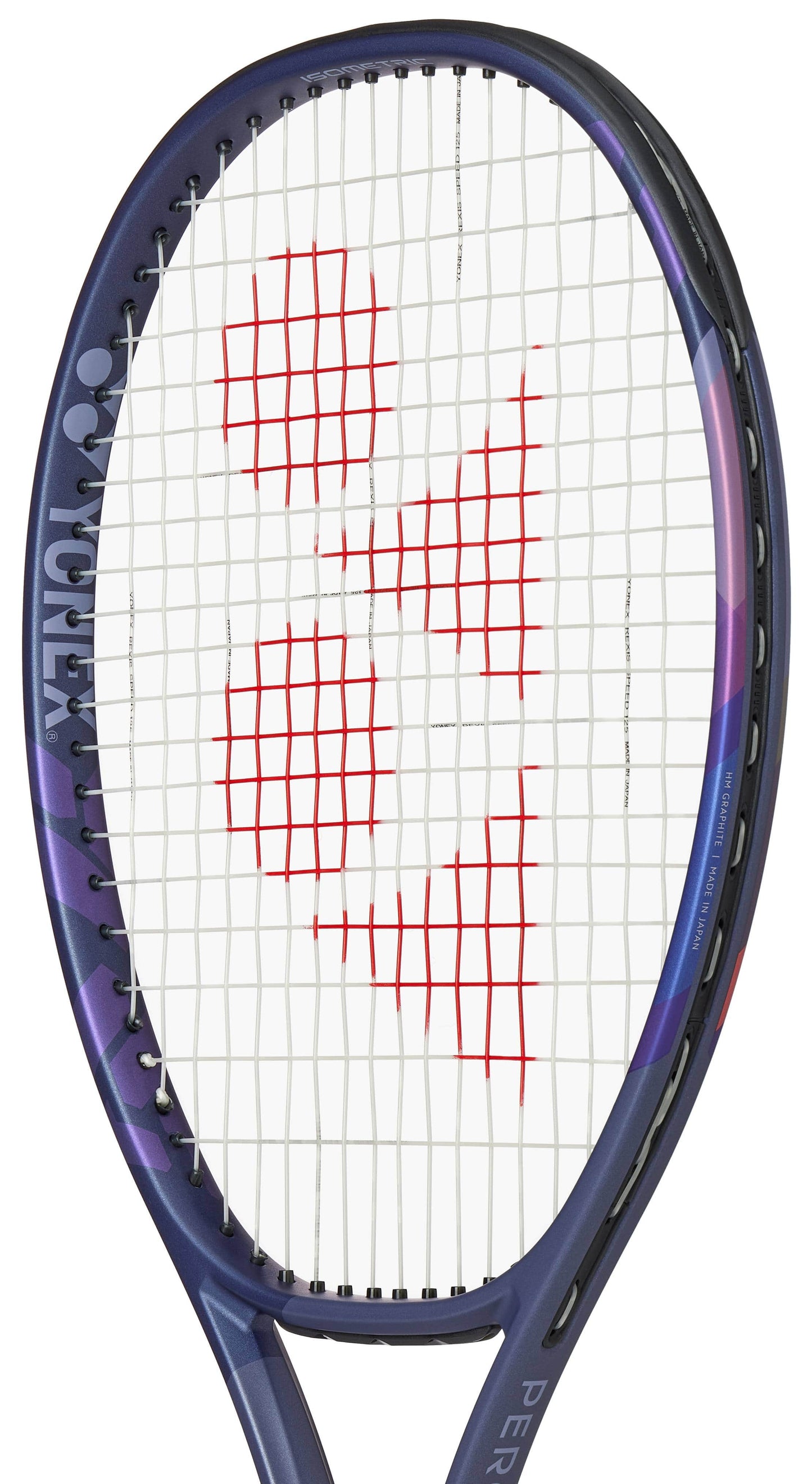 A close-up of the Yonex Percept 100D Tennis Racket - Midnight Navy shows its dark purple-blue frame, white strings with a red logo, and design focused on delivering power and control for players.