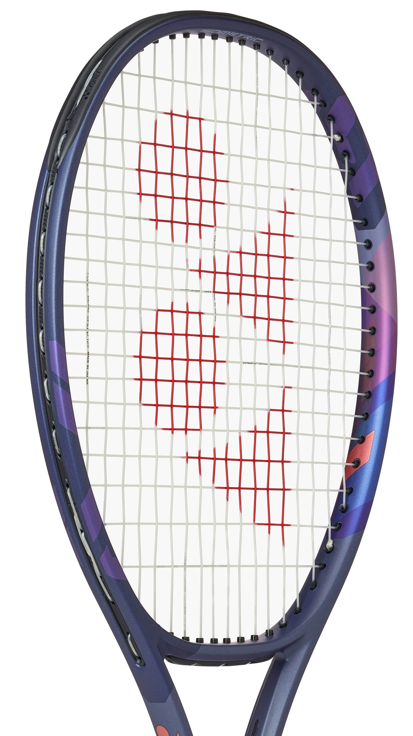 A close-up of the Yonex Percept 100D Tennis Racket - Midnight Navy shows its blue and purple frame with red geometric shapes on the white strings, designed by Yonex for players seeking both power and control.