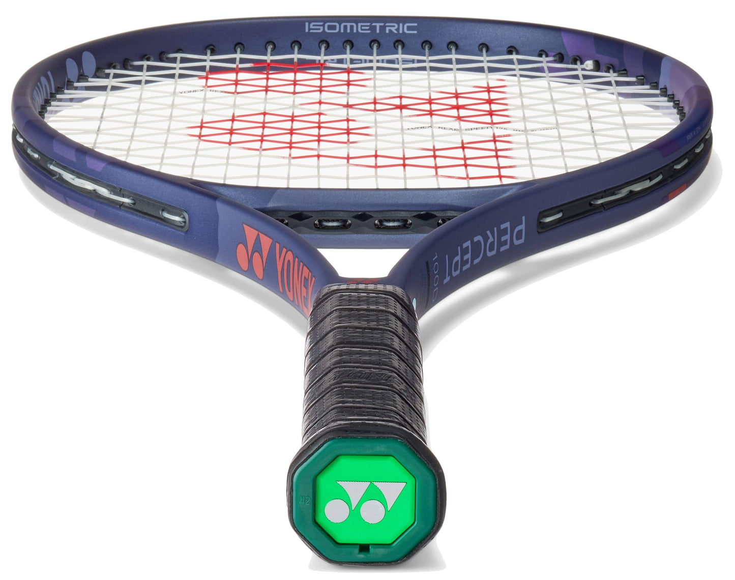 A close-up of the Yonex Percept 100D Tennis Racket - Midnight Navy by Yonex highlights its green logo handle and red-patterned strings, photographed from the handle end to emphasize its balance of power and control.