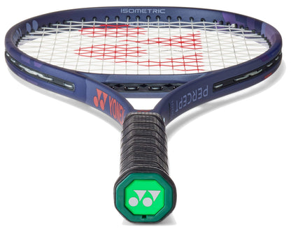 A close-up of the Yonex Percept 100D Tennis Racket - Midnight Navy by Yonex highlights its green logo handle and red-patterned strings, photographed from the handle end to emphasize its balance of power and control.
