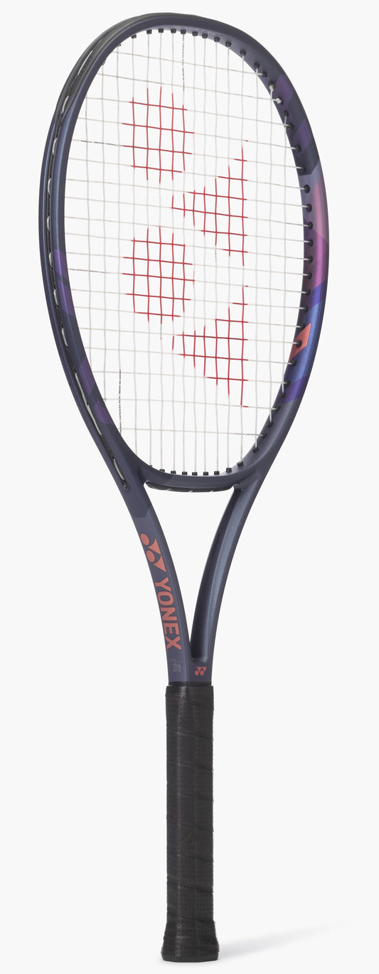 The Yonex Percept 100L Tennis Racket - Midnight Navy features a dark blue and purple frame, black grip, and red Yonex logo on the strings, shown upright against a white background.