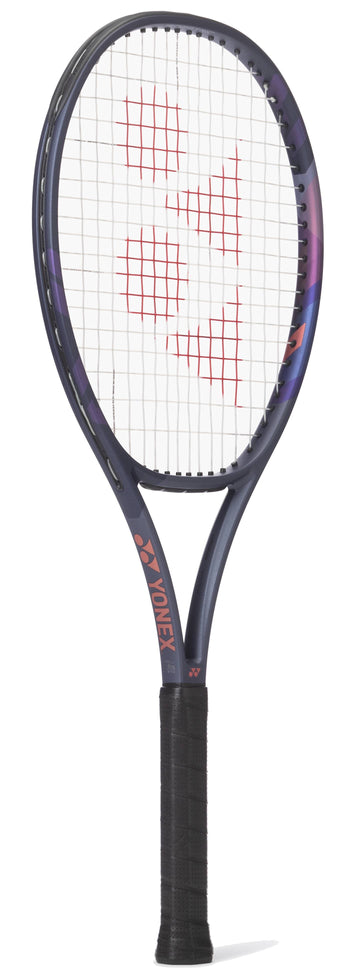 The Yonex Percept 100L Midnight Navy Tennis Racket features a black grip, midnight navy/purple frame, and white strings with a red Yonex logo—perfect for intermediate players seeking performance and style.