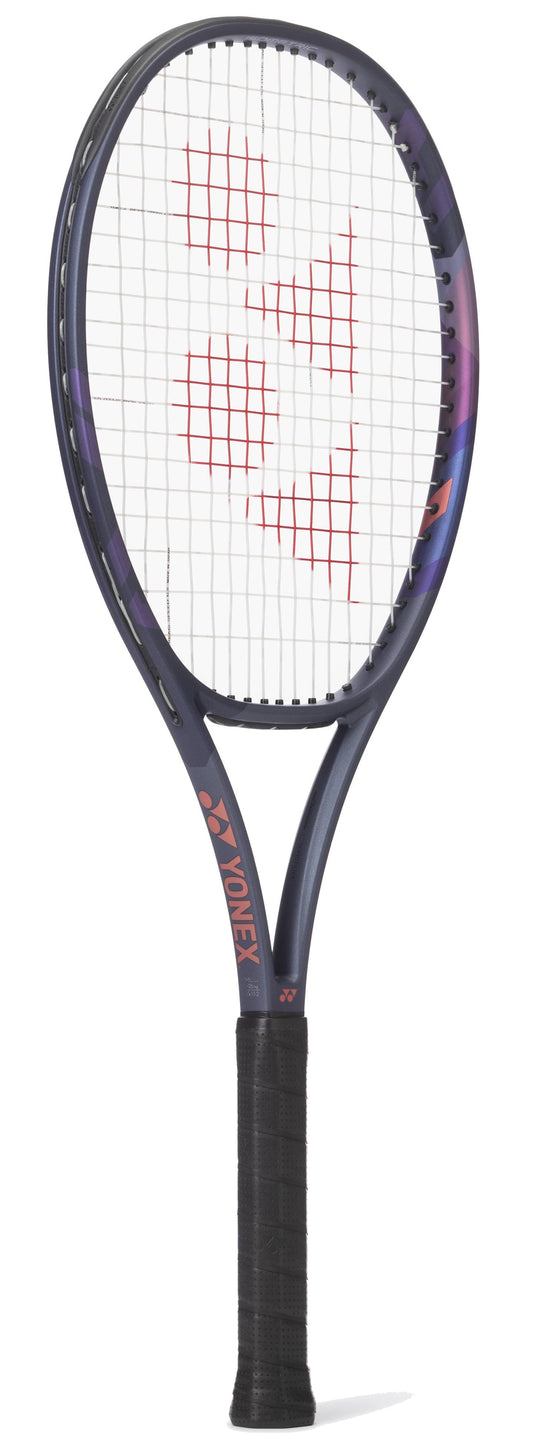 The Yonex Percept 100L Tennis Racket - Midnight Navy features a black and purple frame, black grip, and red Yonex logo on the white strings, displayed on a white background—perfect for intermediate players.