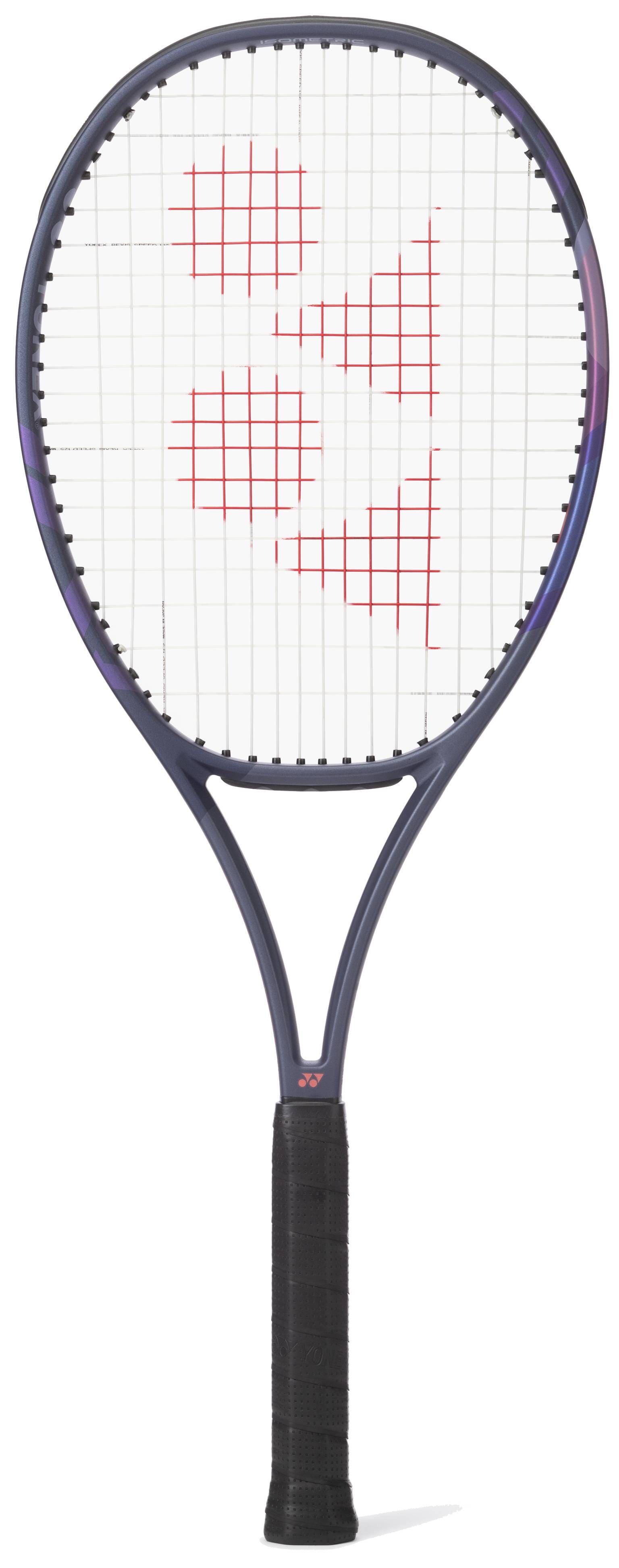 The Yonex Percept 100L Tennis Racket - Midnight Navy, designed for intermediate players, is shown upright against a white background with a black handle, dark frame, and red logo pattern on white strings.